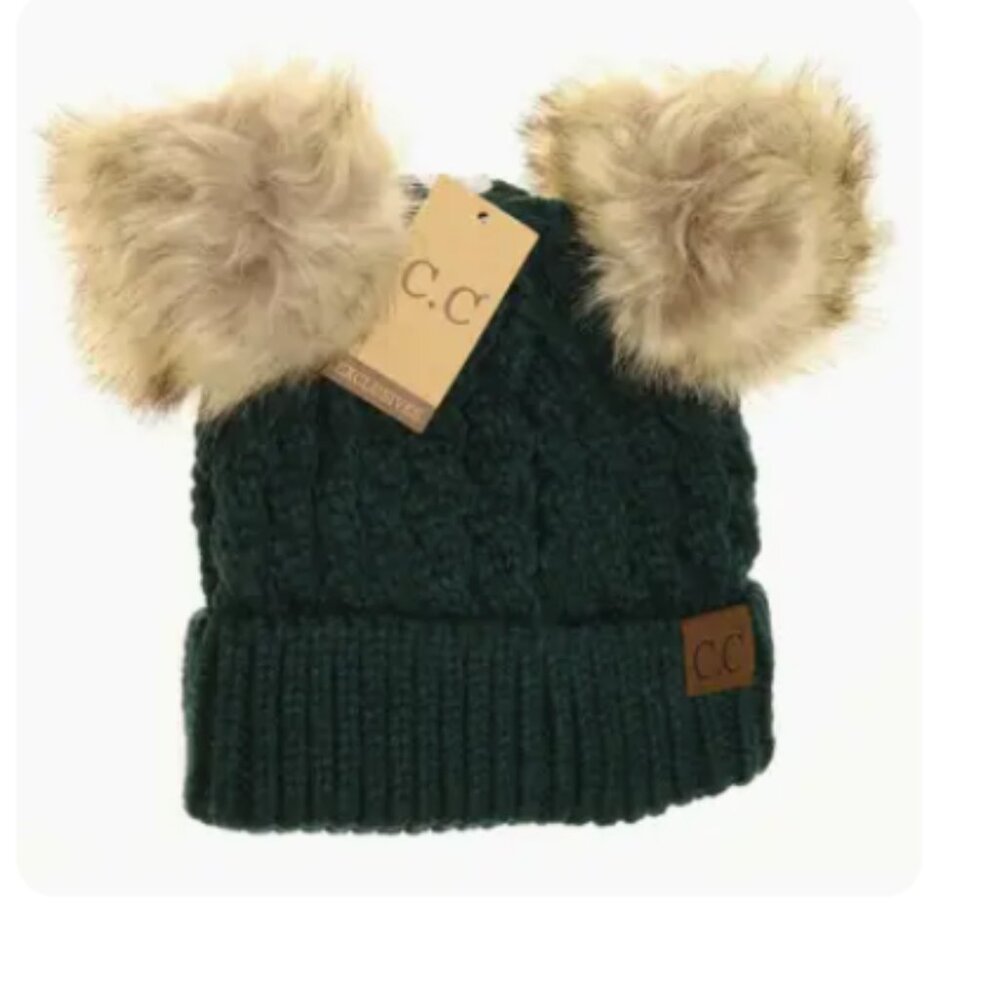 Cable Knit Double Pom Beanie Deep pine